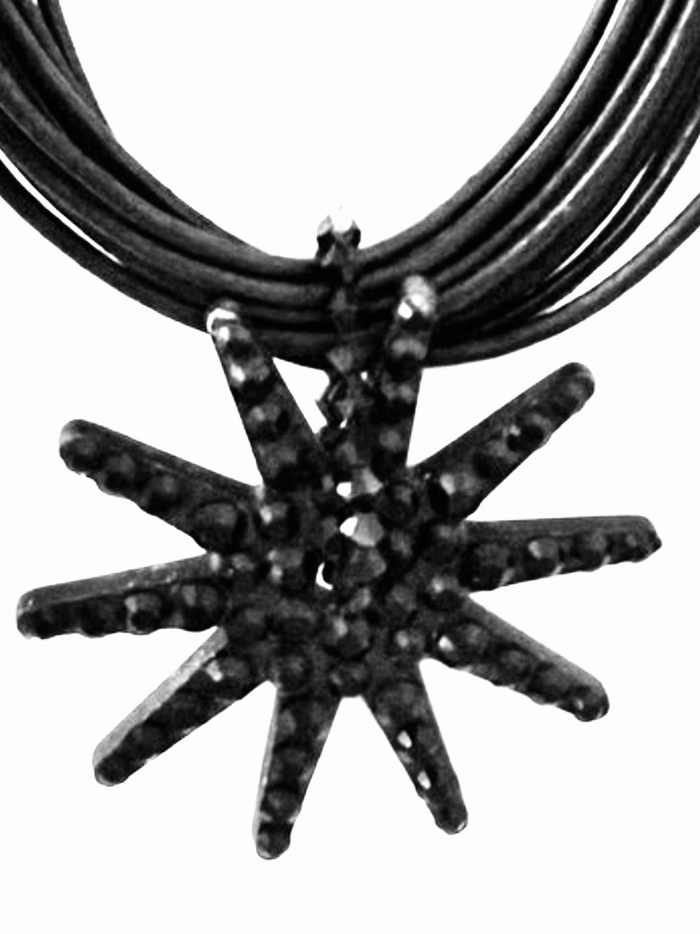 Black Crystal Starburst Pendant Multi-Strand Leather Necklace